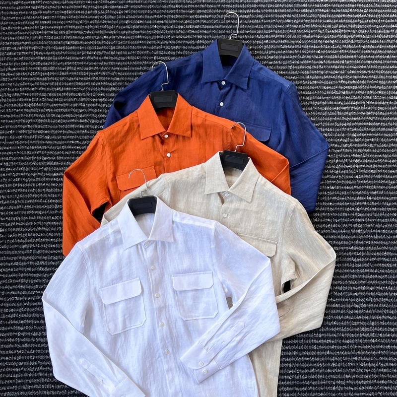 CssuGent顶奢100%雨露亚麻双口袋长袖衬衫男绅士休闲痞帅商务衬衣