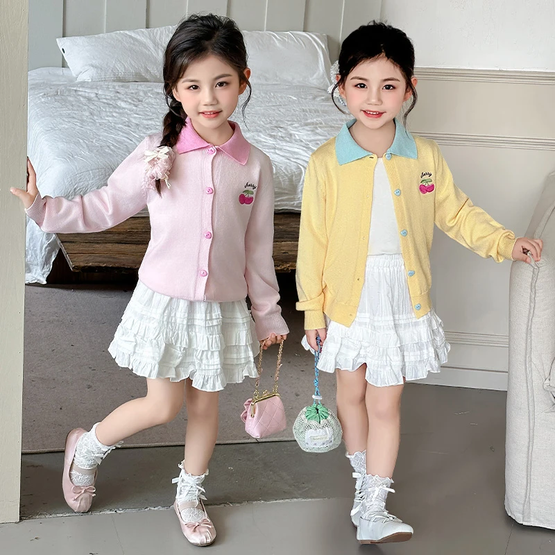 女童毛衣针织衫开衫秋装新款薄款外套洋气樱桃长袖甜美空调衫上衣