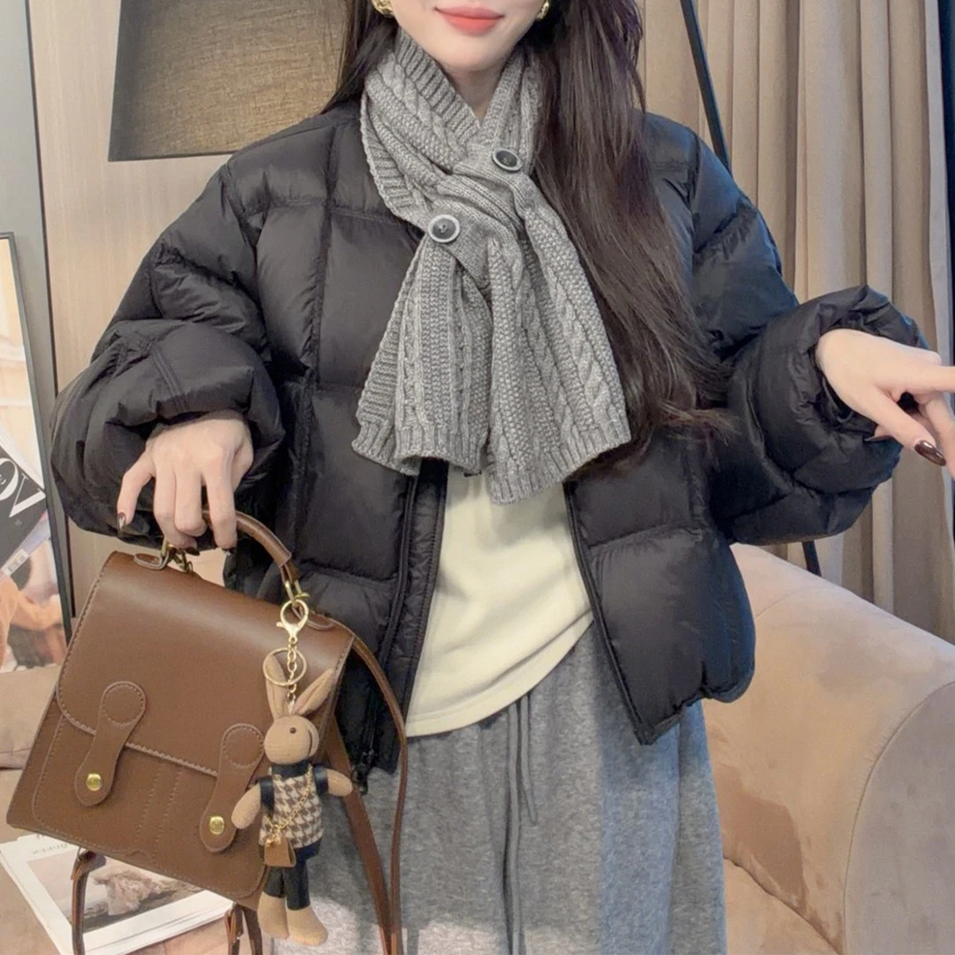 慵懒风秋冬套装女时尚短款方格龟背棉服外套加绒加厚阔腿裤两件套