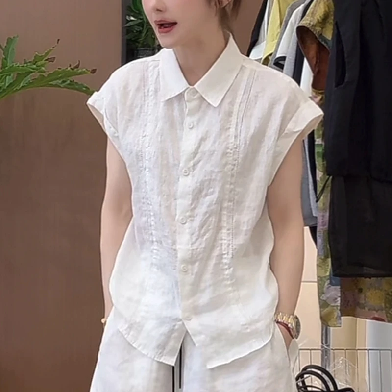 翻领亚麻短袖衬衫女2025夏季减龄洋气时尚设计感镂空高端休闲上衣