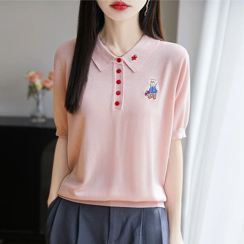 高端轻奢POLO领简约针织T恤夏季百搭休闲针织短袖 韩版女时尚半袖