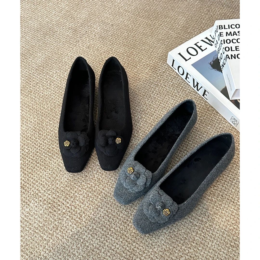 法式毛呢温柔仙女风单鞋方头浅口气质山茶花加绒晚晚鞋 1563-15