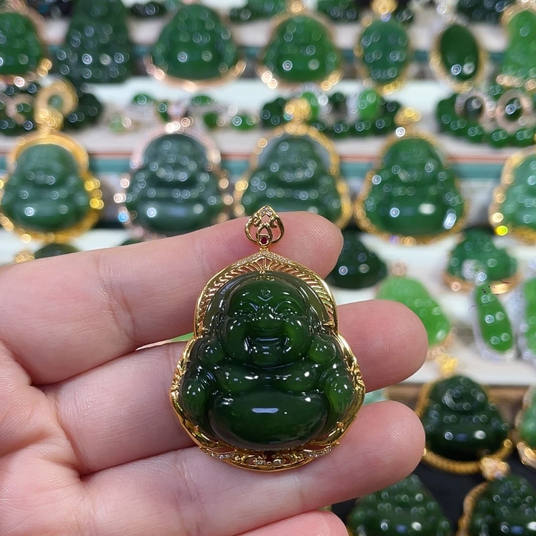 和田玉（碧玉）18K金镶嵌颈饰辣绿佛公30
