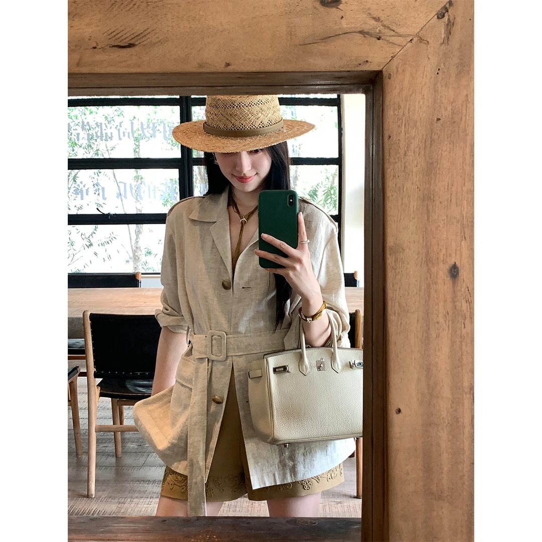 夏诗文 天丝莱赛尔苎麻工装风衣女春夏腰带设计外套