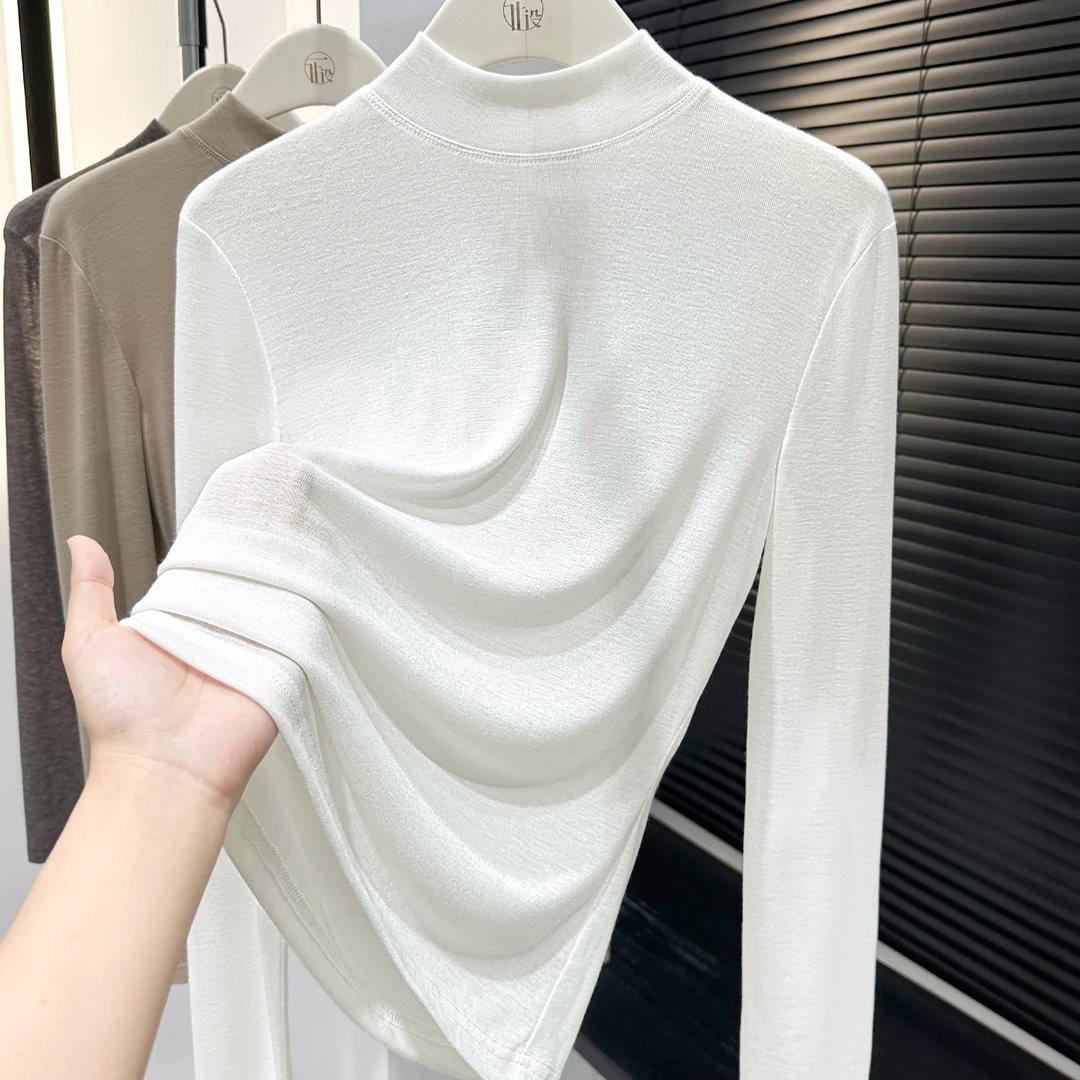 白色极简风半高领针织T恤秋冬新款百搭气质长袖小衫薄款打底上衣