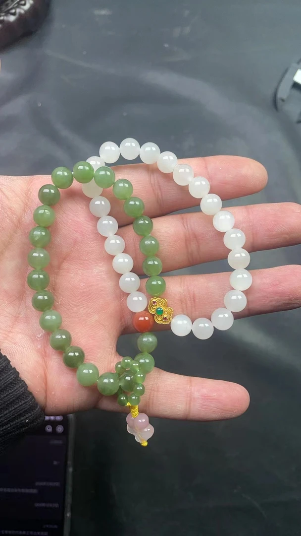 和田玉两圈羊脂玉＋无黑点碧玉手链（DIY设计款多样性）