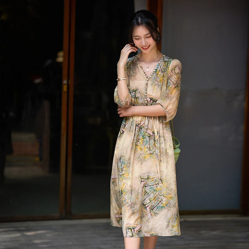 80011 100%桑蚕丝印花奢华裙重工重质真丝裙五分袖收腰气质连衣裙
