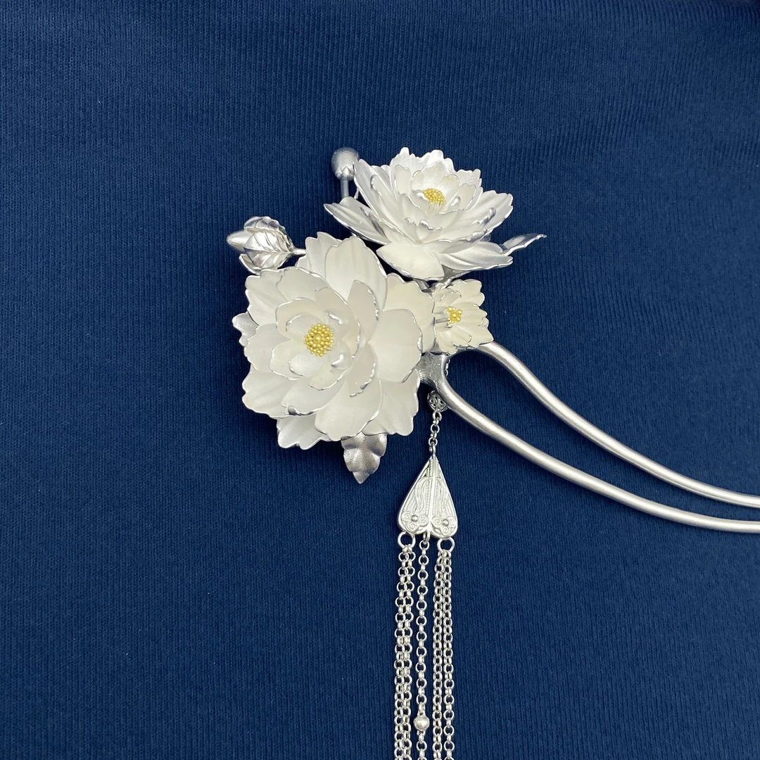 足银银制品 【鎏金山茶钗】足银新中式纯手工超仙福气发饰发钗