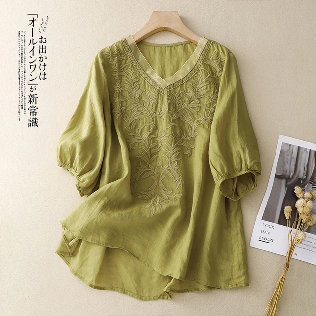 苎麻刺绣短袖衬衣女夏季胖mm显瘦V领气质高级感别致漂亮小衫上衣