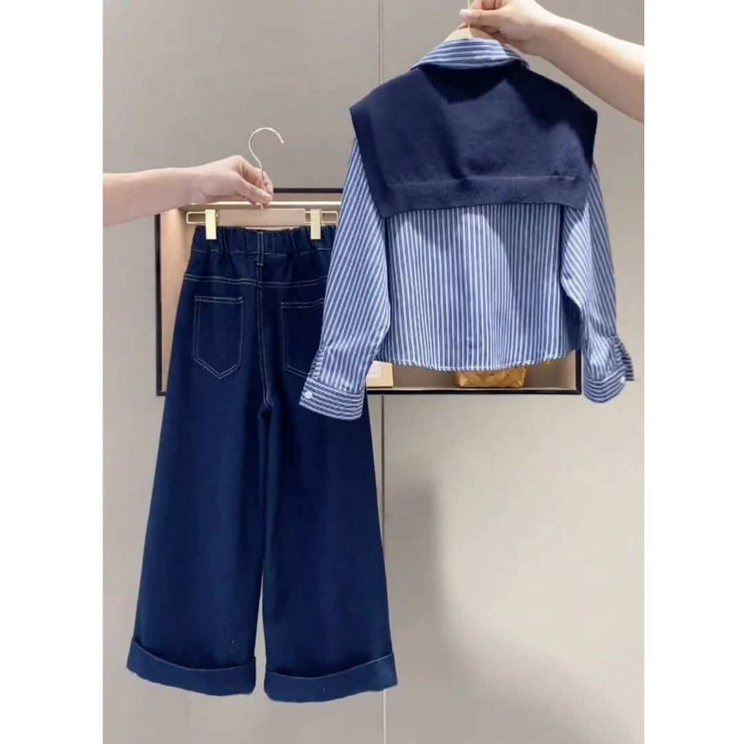 商场同款【断码】女童夏夏套装2025夏季新款潮中大童条纹衬衫女孩