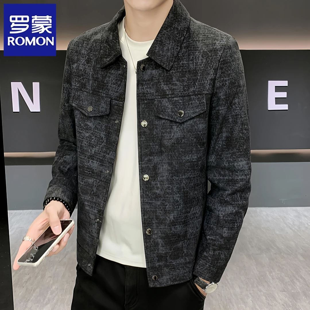 罗蒙春秋季新款休闲时尚外套男士翻领商务帅气修身夹克牛仔上衣服