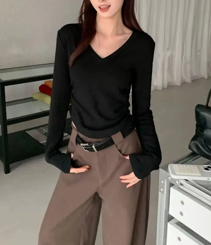 【秋冬新款】MT‘ 薄绒垫肩V领长袖上衣’  气质修身显瘦百搭上衣时尚