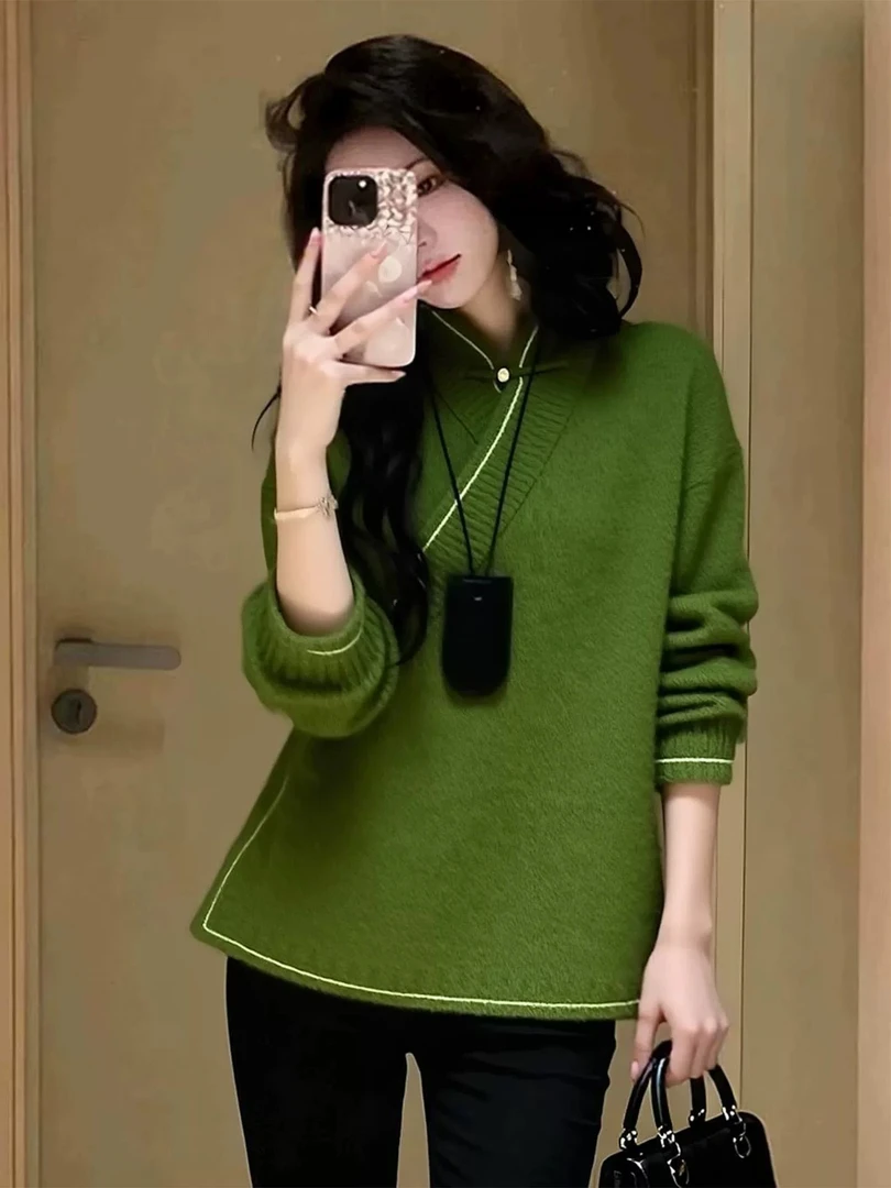 新中式女装橄榄绿毛衣斜襟盘扣唐装汉服上衣25秋季超好看国风小衫