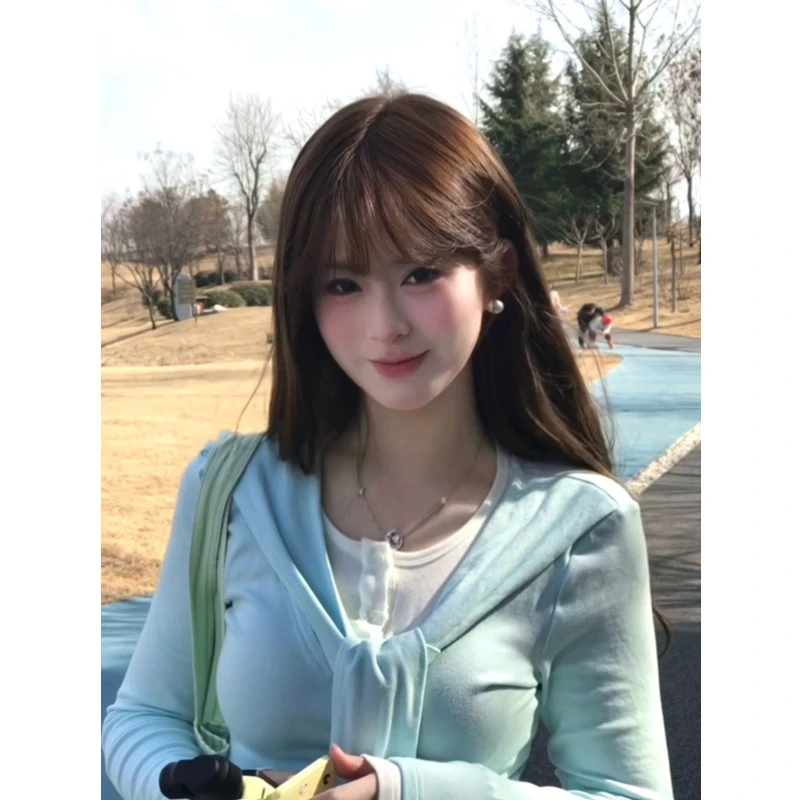 韩系高级感假两件系带长袖t恤女春秋2025新款内搭打底衫修身上衣