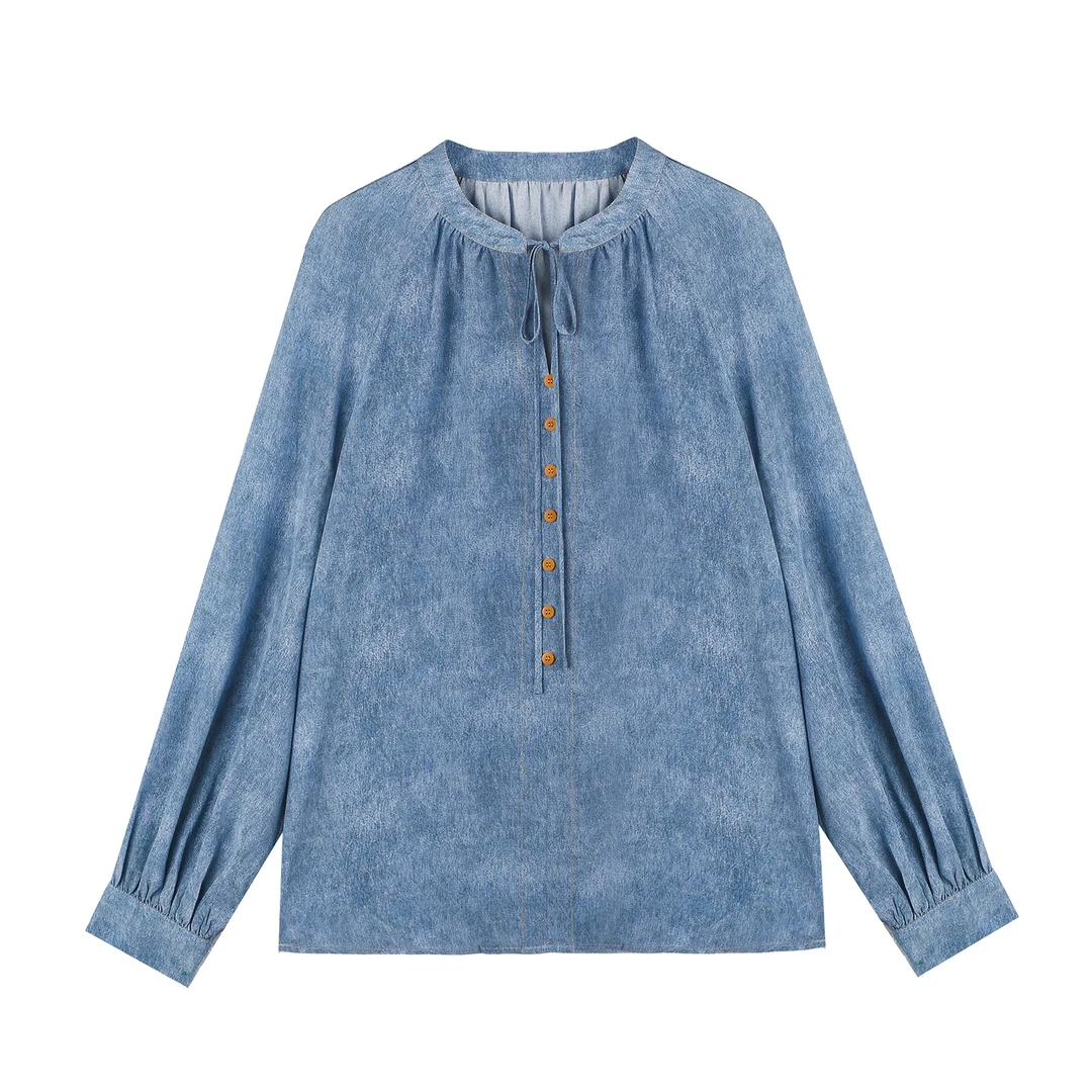 法式复古系带领牛仔衬衫YJHY-H921218