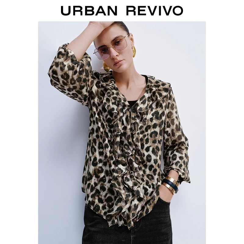 UR2026春季新款女装魅力豹纹荷叶边V领罩衫衬衫UWG250239