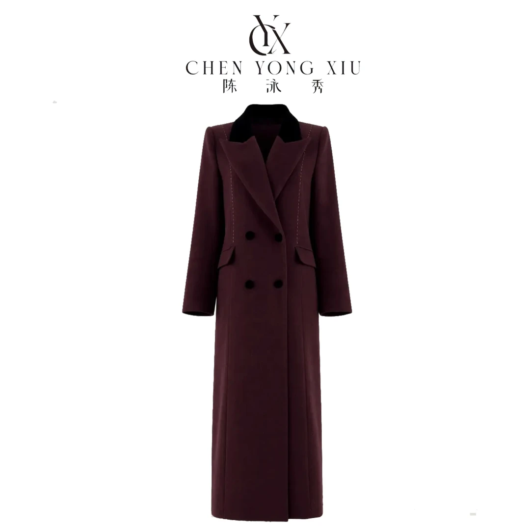 《泳秀精品》秋冬新款紫红色撞色领气质毛呢大衣外套