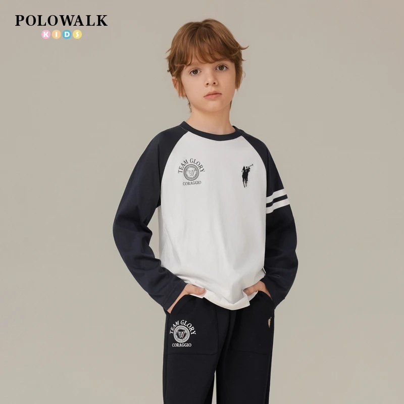 POLOWALK童装男童2025新品透气舒适撞色圆领长袖T恤W532D0211