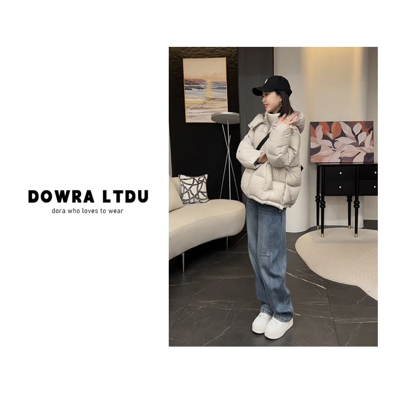 朵拉【暖暖冬日】2024年冬季新款纯色连帽中长款羽绒服女612-6827