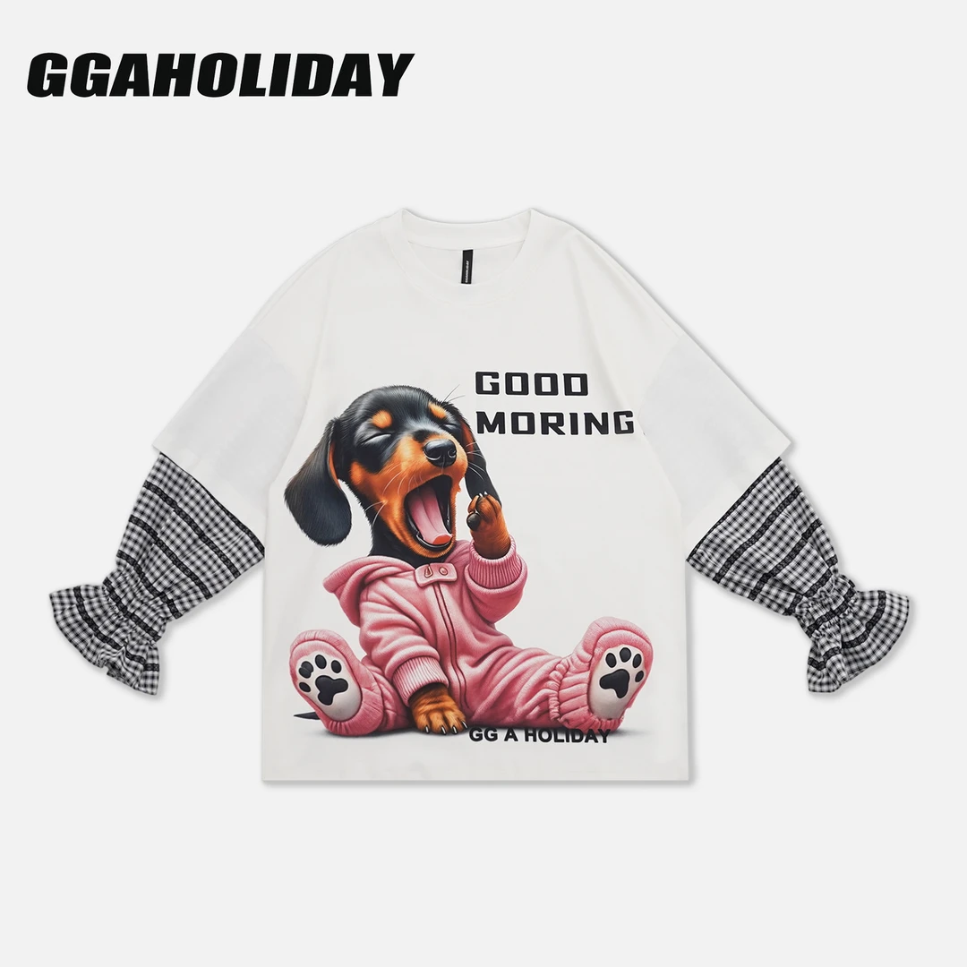 GGAHOLIDAY美式宽松街头假两件拼接复古休闲个性长袖T恤-153128