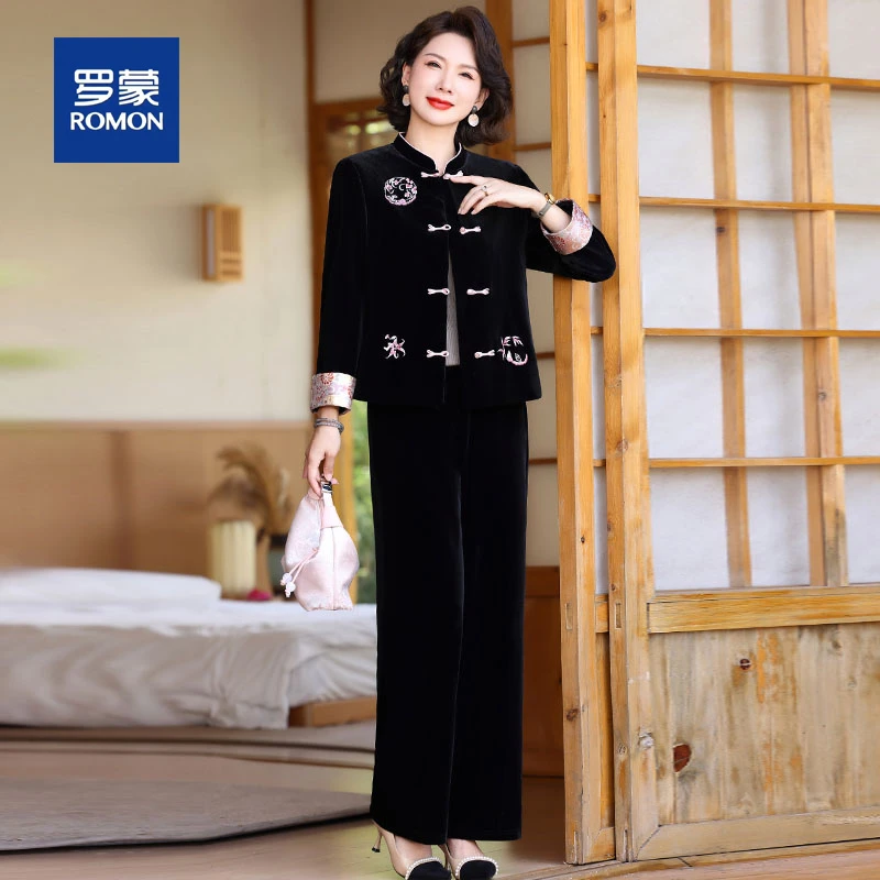 罗蒙国风妈妈春装新中式盘扣套装女阔太太中老年女装春秋丝绒外套
