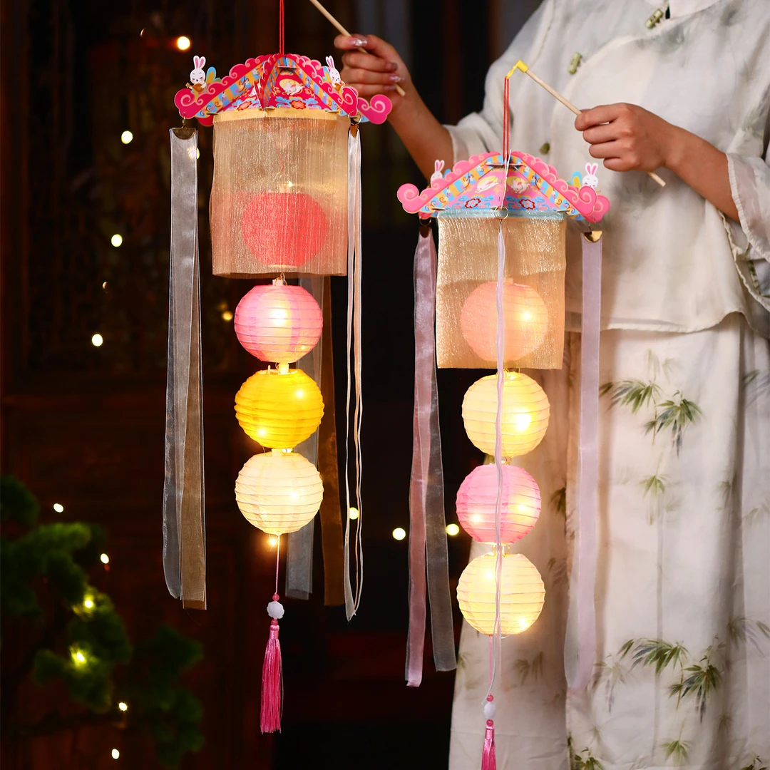 中秋节竹编灯笼儿童手提汉服古风发光花灯摆摊 手工diy材料包宫灯