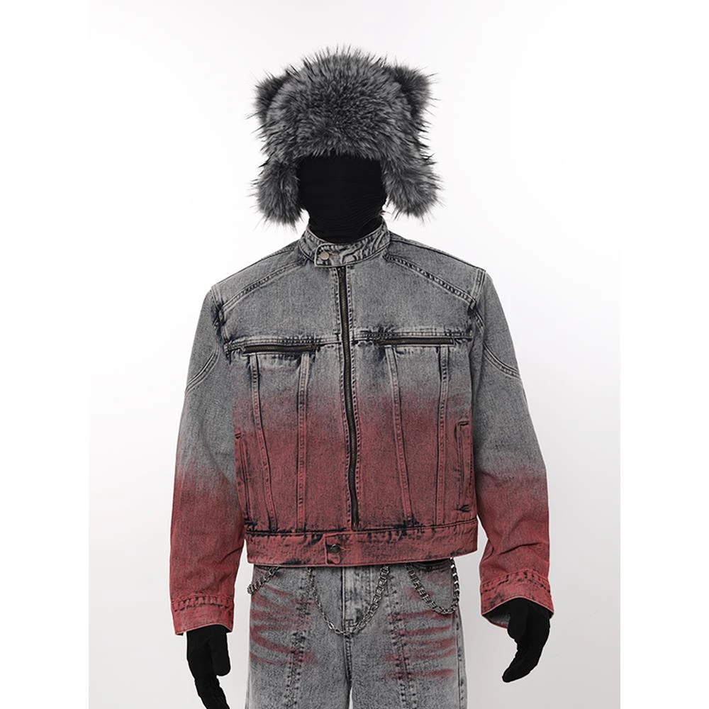 MANSON先锋设计感美式复古渐变安红工装夹克高级感痞帅男牛仔套装