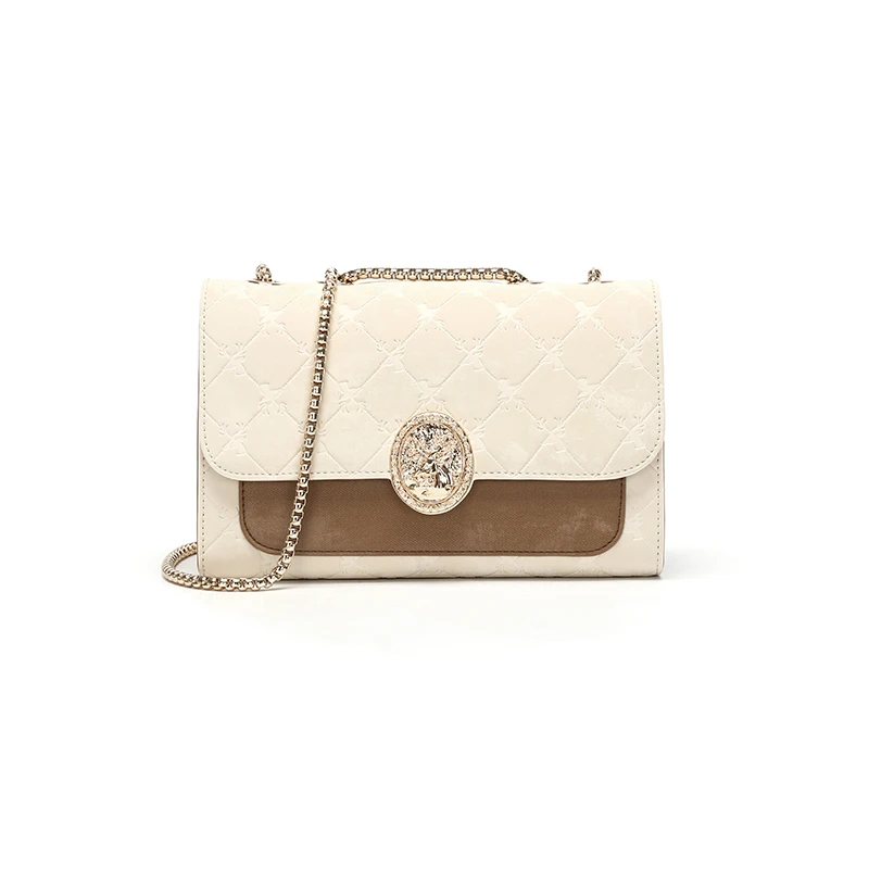 拼色证件位白配棕横款单肩包简约风车缝线单根扣式单肩包时尚