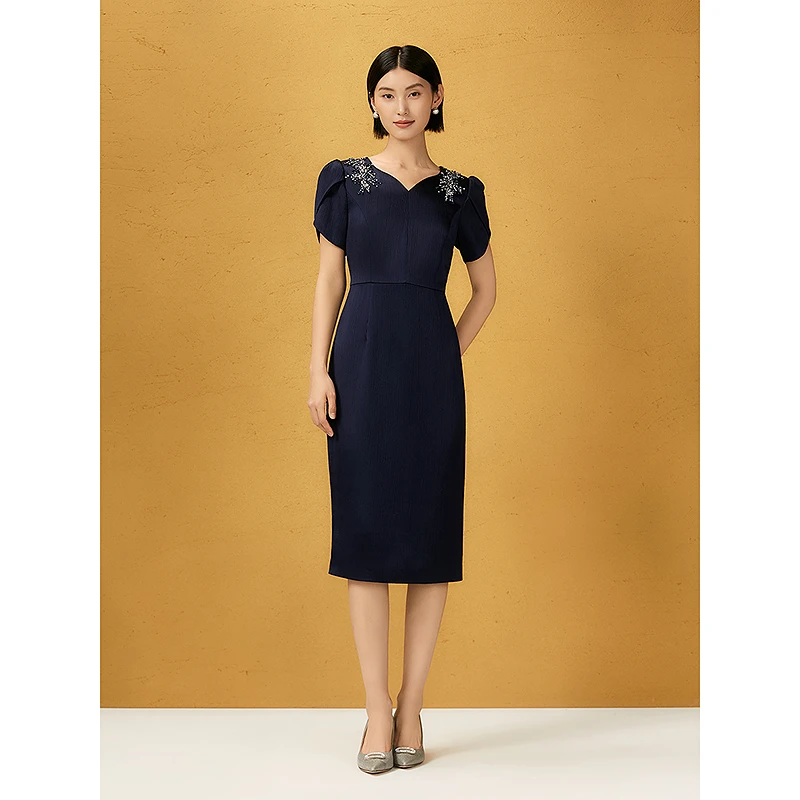 Song of Song歌中歌藏蓝色肩部钉珠装饰优雅连衣裙5C65205158