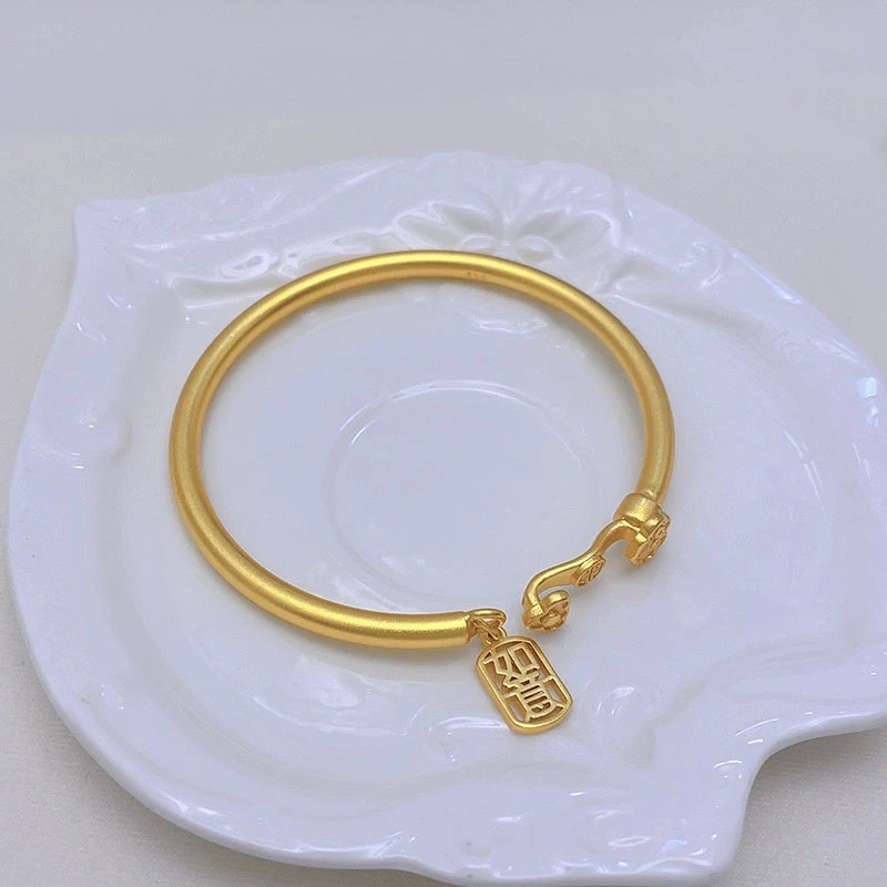 手镯 1155-古法磨砂镂空如意开口手镯可调节金色气质