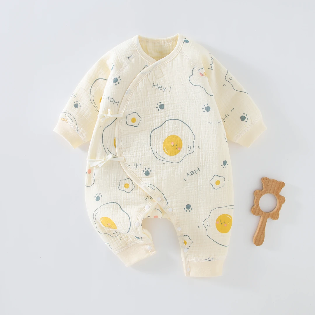 A类纯棉纱布新生儿秋冬长袖哈衣萌趣薄棉连体衣爬服冬装保暖加厚