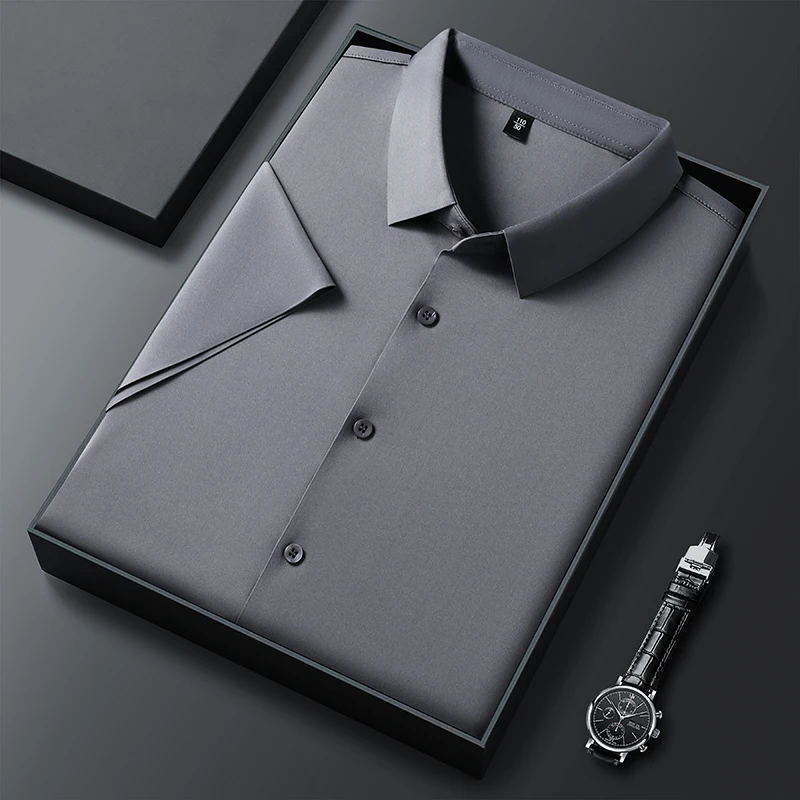 男士夏季高档薄款无痕纯色短袖衬衫免烫弹力纯色商务衬衫