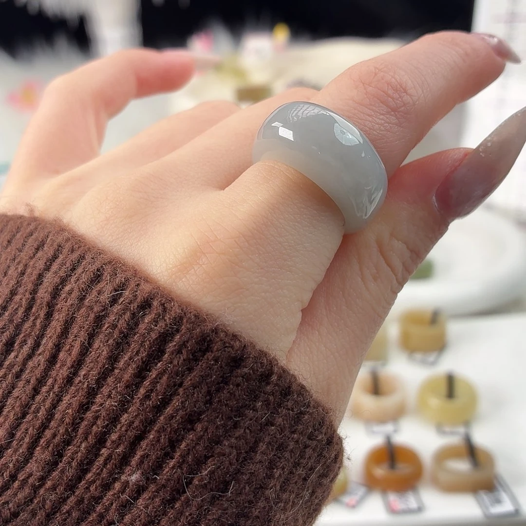 和田玉未镶嵌戒指r62烟紫馒头17.2