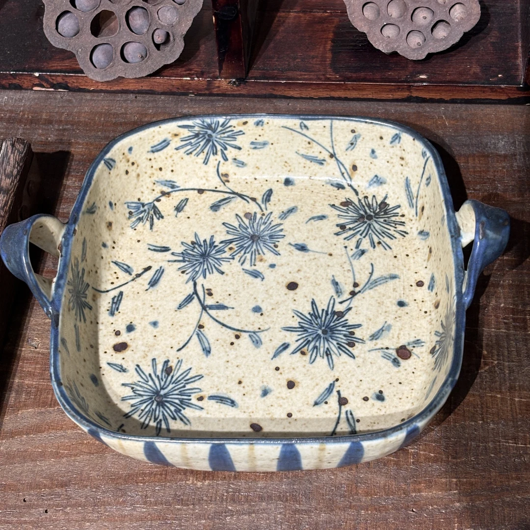 【近山古美】聆雨堂双耳蒲公英盘手工手绘釉下彩高温瓷