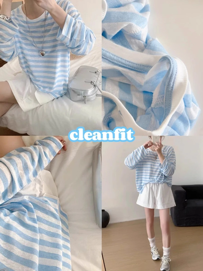 （芳芳惊喜）休闲显白长袖t恤女薄款防晒罩衫夏季韩版宽松条纹上衣