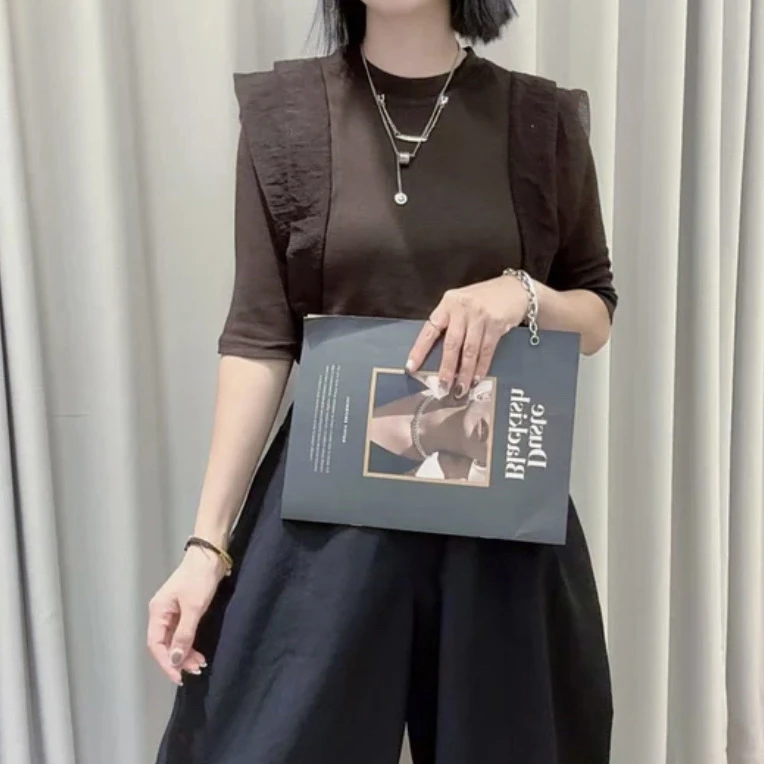 圆领T恤欧式显瘦拼接洋气夏季纯色常规女气质