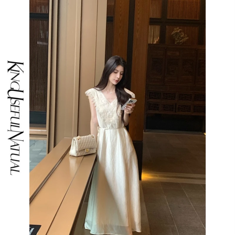 KUN【浪漫盛夏】美貌赋予 法式V领醋酸长款连衣裙女夏季无袖长裙子