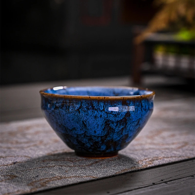 建盏茶杯功夫茶杯陶瓷窑变家用主人杯泡茶杯五行杯窑变杯-蓝