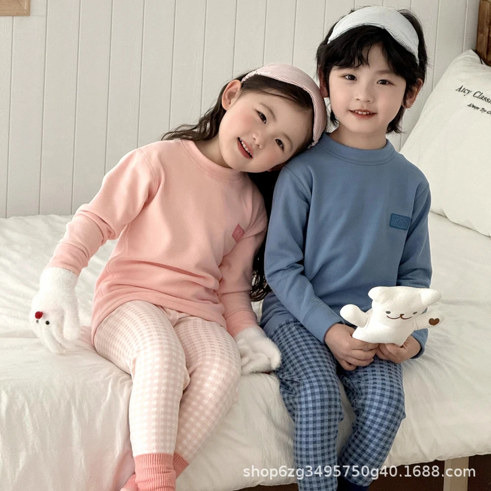 2025秋冬新款亲子10A抗菌提花格保暖内衣套装儿童中大男女童睡衣