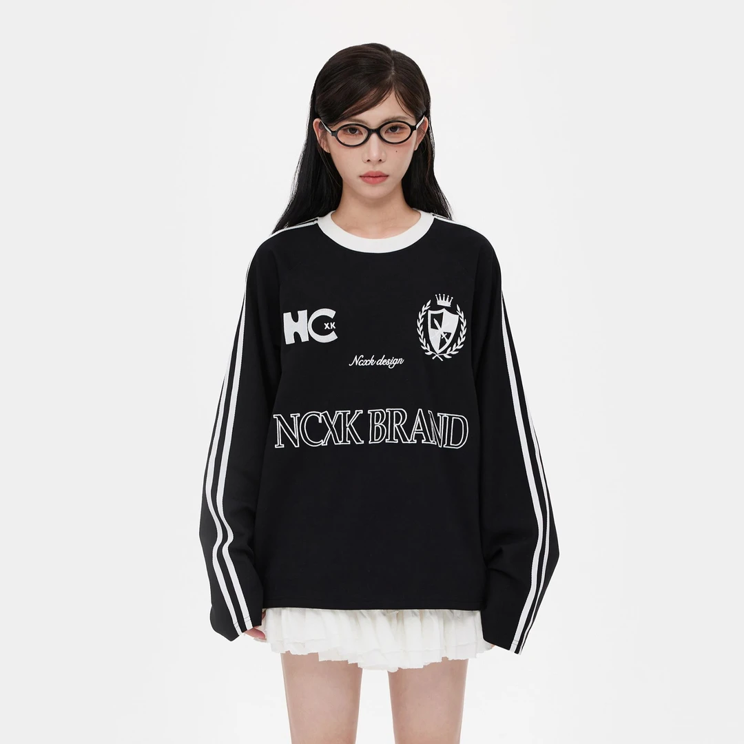 【清清】NCXK复古侧边拼接织带球衣甜酷休闲长袖T恤秋季女CX233