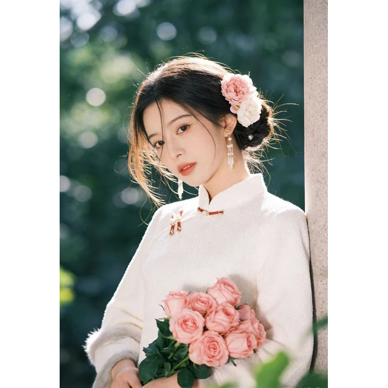 1561 米色 素板 缠结扣 【米雪】 倒大袖 旗袍