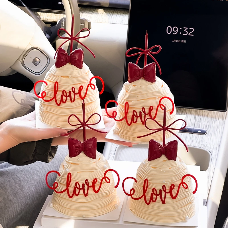 2.14情人节许愿树蛋糕装饰亚克力红色love插牌立体蝴蝶结2025摆件
