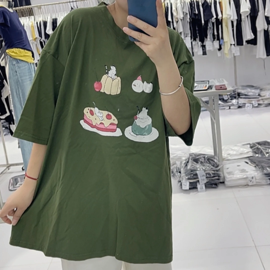 宽松印花学院风短袖圆领烫印T恤大版绿色美式ins夏季