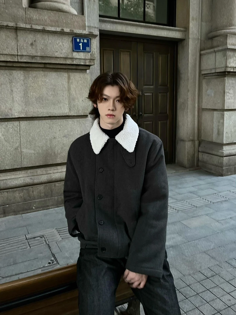 deserto美式复古羊羔毛呢子外套男秋冬款韩版高级感短款穿搭男生