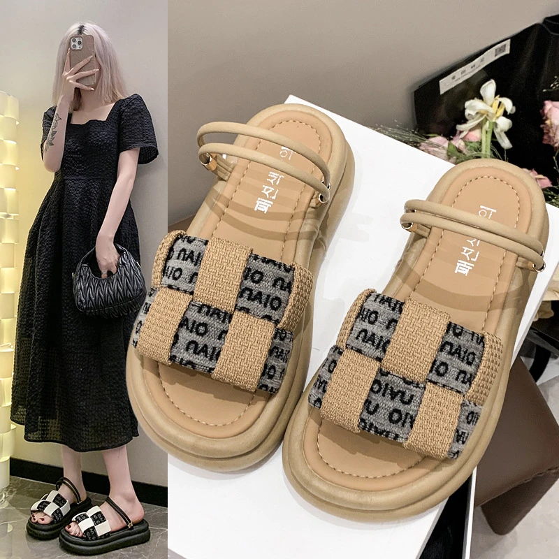欧洲站复古拼色编织踩屎感凉鞋2023夏季新款个性舒适休闲沙滩鞋女