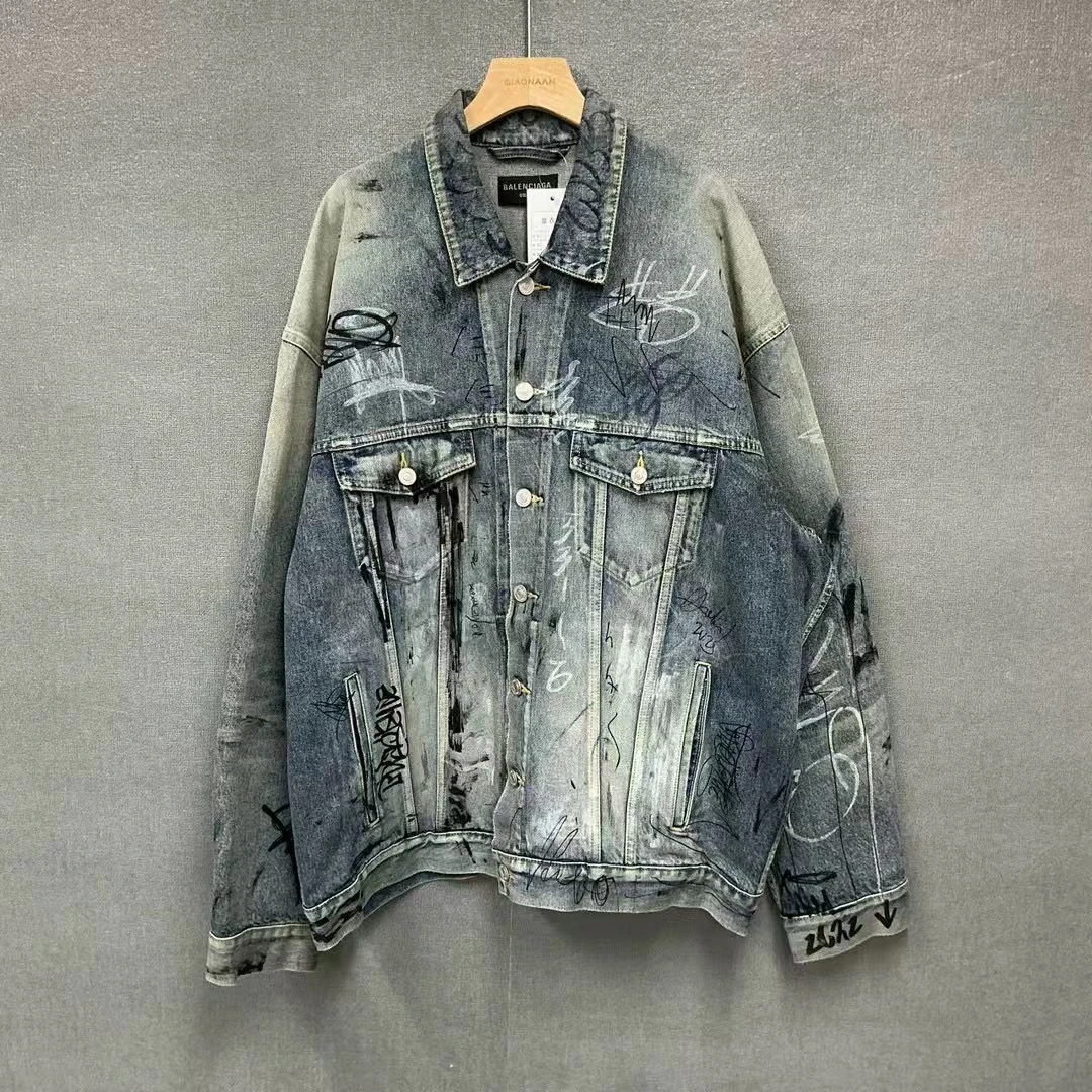 全新未使用 Balenciaga/巴黎世家 手绘涂鸦做旧牛仔夹克外套/1码