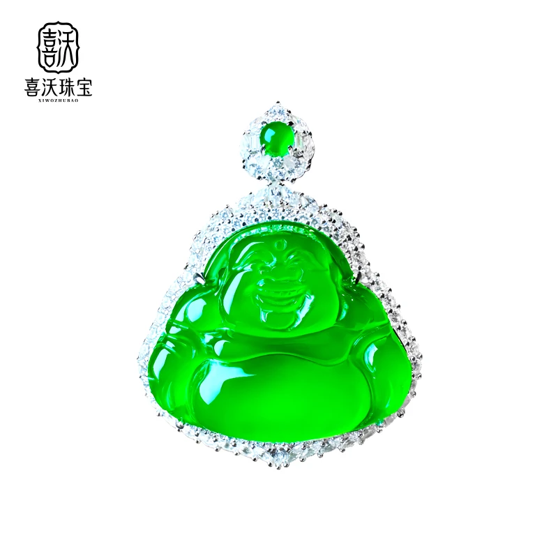 喜沃珠宝·玉髓正阳绿顶镶绿珠佛公新中式经典大肚佛项链吊坠
