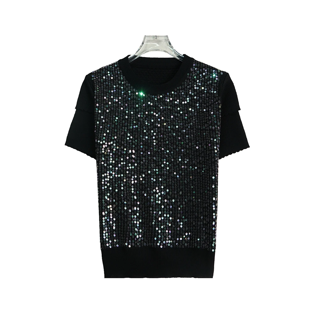 X26144韩系亮片花瓣袖圆领气质针织衫短袖上衣