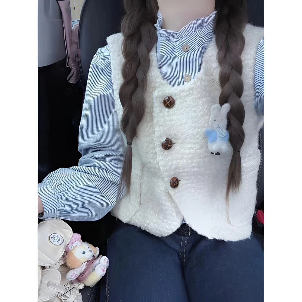 韩系奶呼呼学院乖巧风穿搭三件套深秋初冬新款羊羔马甲衬衫牛仔裤