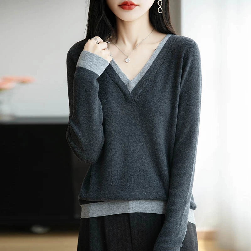 哥弟阿玛施正品时尚V领羊毛衫女拼色假两件优雅长袖休闲针织衫女